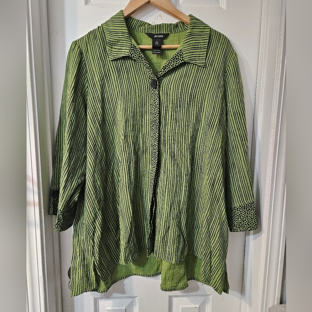 Ali Miles Green Striped Rayon 3/4 Sleeve Art To Wear Button Up